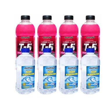 Imagem de Kit 4 Aditivo Radiador T5 Organico Rosa E 4 Agua Desmineralizada Radna
