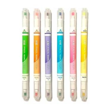 Imagem de Marca Texto Ponta Dupla 2 Em 1 Neon E Pastel 12 Cores - Kaz