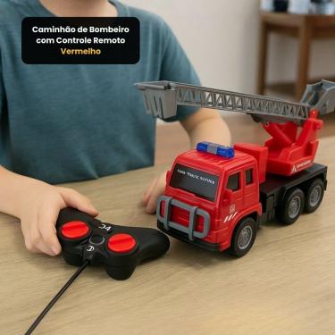 Imagem de Veículo em Miniatura com Controle Remoto Caminhão de Bombeiro Escada Móvel Design Realista Vermelho 27 Mhz