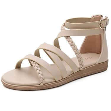 Imagem de CRETUAO Sandálias rasteiras femininas estilo gladiador de verão, sandálias de cano curto, sandálias de tecido, sapatos de couro, chinelos de dedo, Damasco, 8.5