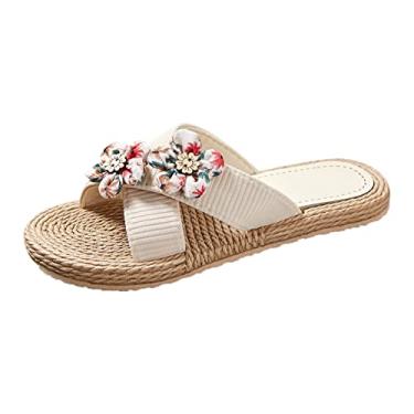 Imagem de Sandálias femininas chinelos de flor floral plana chinelos de praia floral chinelos de praia chinelos de moda chinelos de dedo aberto plano, Bege, 10