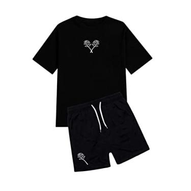 Imagem de Conjunto Camiseta e Short Moda Praia Masculino Flor ((Camiseta M) (Short M), Camiseta e Short Preto Flor)