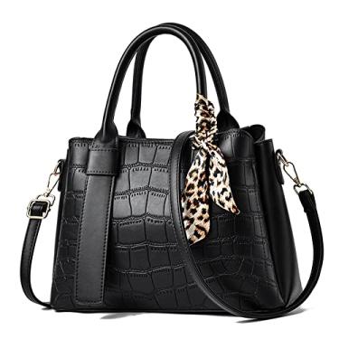 Imagem de Bolsa feminina fashion bolsa alça superior bolsa grande de couro de crocodilo bolsa transversal casual bolsa de ombro, Preto