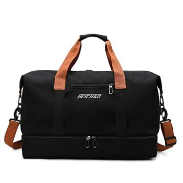 Imagem de Bolsa de viagem portátil bolsa de bagagem de viagem de curta distância de grande capacidade leve separação seca e molhada bolsa de fitness esportiva (Preto)