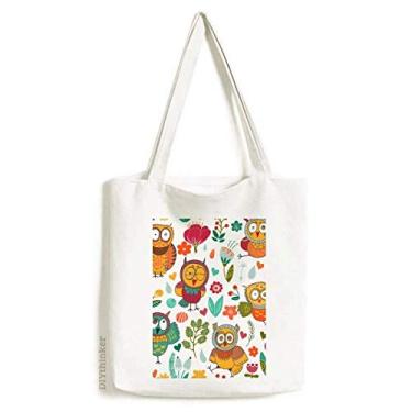 Imagem de Bolsa de lona com estampa de flores e corujas para pintura à mão bolsa de compras casual
