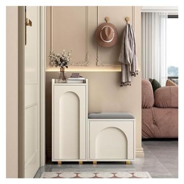 Imagem de Prateleira de sapatos banco de entrada banco de armazenamento de sapatos com armário moldura de metal e placa de madeira banco de sapateira com assento para entrada corredor porta da porta da frente