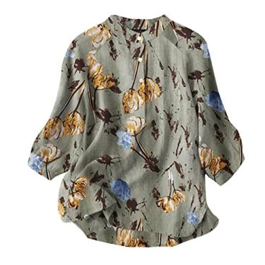 Imagem de Camiseta feminina verão gola mandarim botão manga 3/4 estampada túnica fina e leve blusas casuais Camisa Lençóis de algodão Estampado Pescoço feminina feminina Top flor floral L31-Verde Small