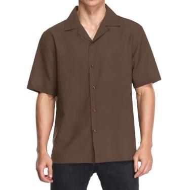 Imagem de Camisa masculina havaiana, camisas casuais de botão estampadas folgadas, camisetas de praia de verão camisa de manga curta, Marrom chocolate, P