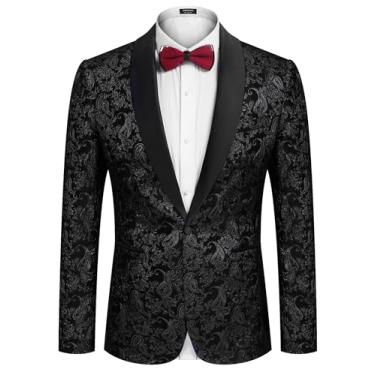 Imagem de COOFANDY Jaqueta masculina de smoking floral jacquard, blazer slim fit para casamento, baile, jantar, Preto, XX-Large