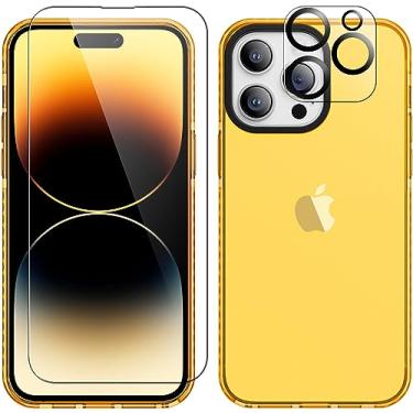 Imagem de ROYBENS Capa transparente para iPhone 15 Pro, capa de telefone com protetor de tela de vidro + acessórios protetores de lente de câmera para mulheres meninas, capa protetora fina de silicone fofa para 15 Pro 6,1 polegadas, laranja neon