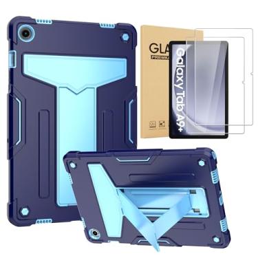 Imagem de elitegadget Capa para Samsung Galaxy Tab A9+ Plus 27.9 cm (SM-X210/X215/X216) lançado em 2023 - Capa protetora híbrida com suporte + 2 peças de protetor de tela de vidro (azul marinho/azul)