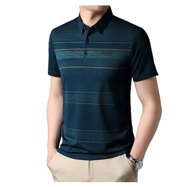 Imagem de Camisa polo masculina de lapela sólida de seda gelo camisas de golfe com botões para trabalho camiseta elástica atlética secagem rápida, Verde escuro, G