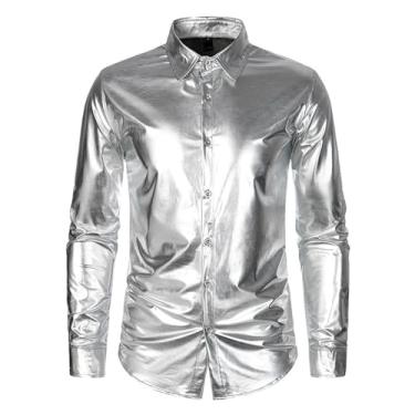 Imagem de Camisa masculina casual brilhante boate slim fit mangas compridas botões frontais cor sólida, Prata, G