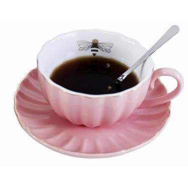Imagem de Eplze YBK Tech Strengthen Conjunto de xícara e pires de porcelana, copo de 255 g com pires - abelha dourada dentro do copo (rosa)