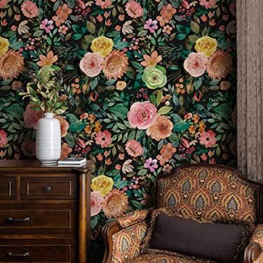 Imagem de Papel de parede autoadesivo papel de parede floral para quarto sala de estar armários de cozinha móveis, camélia multicolorida em fundo preto papel de parede mural decorativo 17,7 pol. x 118,7 pol