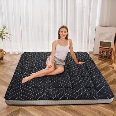 Imagem de MAXYOYO Colchão Futon de padrão geométrico preto, colchão de chão japonês, acolchoado para cama, almofada de dormir dobrável extragrossa, respirável, espreguiçadeira, cama de hóspedes, para sofá de