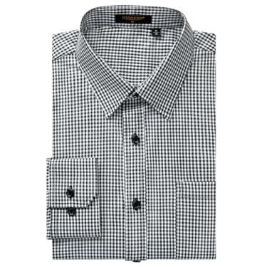 Imagem de HISDERN Camisa social masculina casual xadrez abotoada manga longa formal negócios camisa guingham para homens, Xadrez preto, G