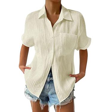Imagem de Camisa feminina de linho manga curta gola lapela com botão plissado túnica folgada casual business blusa com bolso, Bege, M
