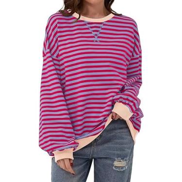 Imagem de 70ILYUHS Moletom feminino listrado gola redonda Color Block camisa de manga longa casual pulôver top primavera roupas Y2K, Rosa, M