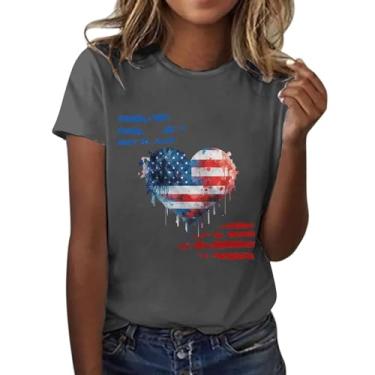 Imagem de Camisetas femininas do Dia da Independência Bandeira Americana Estrelas Listras Coração Gráfico Túnica Patriótica Memorial Day ajuste solto, Cinza escuro, XXG