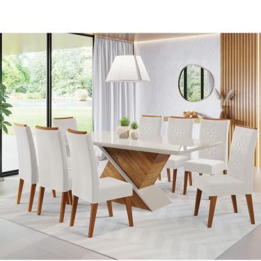 Imagem de Mesa de Jantar Retangular Otis Com 8 Cadeiras Flora em Madeira Maciça Cobre/Off White/Marfim - Casa Giulia