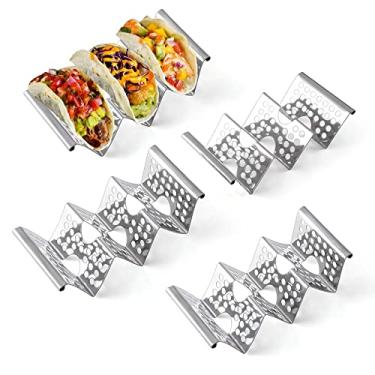 Imagem de Chbuuero Conjunto de 4 suportes para tacos, suporte para tacos, suporte de taco de aço inoxidável, cada um pode conter 3 tortilhas, com alça de fácil acesso, serve para micro-ondas, fritadeira a ar e forno