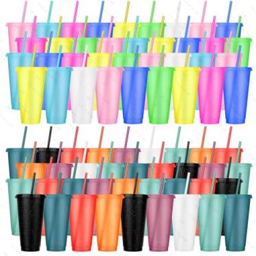 Imagem de LEIFEOSH Copos de plástico com tampas e canudos, 72 peças de copos reutilizáveis com tampas, copos de plástico coloridos para festas, aniversários, xícara de café gelado, caneca de viagem, copos de