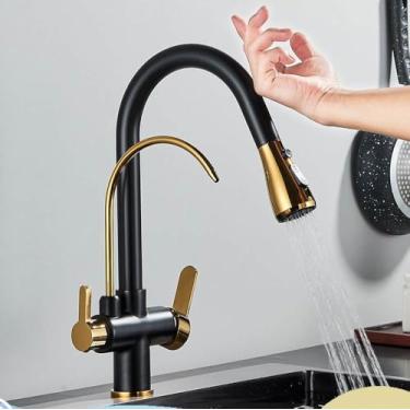 Imagem de Filtro de sensor de toque Torneira de cozinha de água 2 em 1 Preto Coloque para fora Torneiras de pia de modos duplos para cozinha Torneira misturadora de água pura, Preto Dourado
