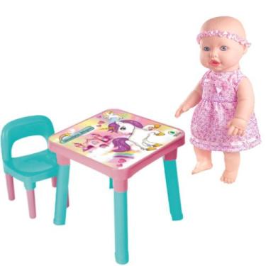 Imagem de Mesinha Infantil C/Cadeira Unicórnio + Boneca Faz Xixi Milk - Monte Lí
