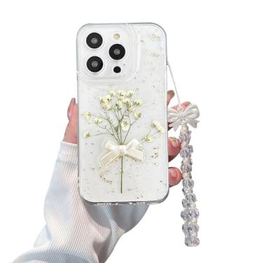 Imagem de Pretaco Capa para iPhone 16 Pro Max - Capa transparente de flor verdadeira dourada com pulseira - TPU macio para mulheres e meninas