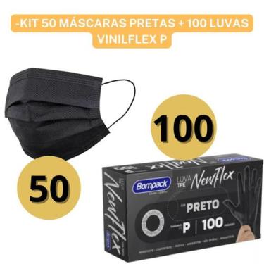 Imagem de Kit 50 Máscaras Tripla Proteção Antibactéria + 100 Luvas Pretas Nitríl