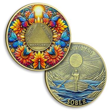 Imagem de Moeda de sobriedade de girassol colorido borboleta chips AA e medalhão One Day at A Time AA NA Coin Recovery Token Sobriety Gifts for Men Women Alcoólicos Anônimos Presente