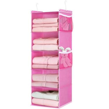 Imagem de MAX Houser Organizador de armário suspenso com 5 prateleiras, prateleiras de armazenamento suspensas com 4 bolsos laterais, economia de espaço para quarto, dobrável (rosa)