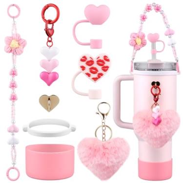 Imagem de Conjunto de acessórios para copos Stanley, alça de alça de garrafa de água, bota de silicone, capa de canudo rosa, pingentes de coração, topo de palha para copo Stanley de 1,134 g e copo de 850 g, 8