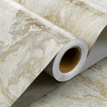 Imagem de Stickyart Volakas Papel de contato dourado creme para armários e gavetas papel de parede de mármore líquido descasque e cole bancadas papel adesivo de mármore à prova d'água para balcões de banheiro