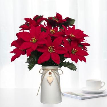 Imagem de Arranjo de flores de Natal de poinsétia vermelha artificial em vaso branco decorativo, peça central floral de férias com detalhes de coração, decoração de Natal perfeita para casa, escritório ou