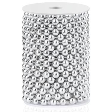 Imagem de ZJJZGYXINTAI Cordão de pérolas artesanais 10 mm conta de pérola, 33 pés de prata falsa pérola guirlanda rolo de fio decoração de festa de casamento, decorações para árvores de natal
