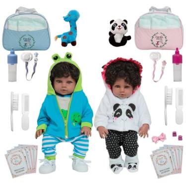 Imagem de 2 Boneca Bebê Reborn Gêmeos Casal Panda Jacaré Kit Completo