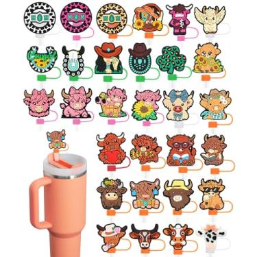 Imagem de Pacote com 30 tampas de palha de vaca para copos, 10 mm bonito topo de palha à prova de poeira para garrafas de água Stanley copos acessórios presentes para mulheres lembrancinhas de festa