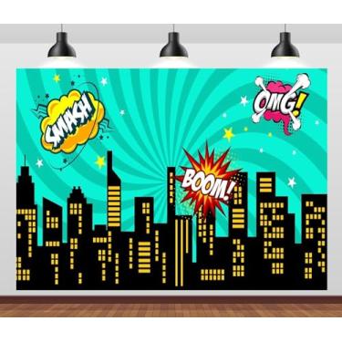 Imagem de CORFOTO Pano de fundo de cidade com desenho animado de 2,1 x 1,5 m Azul Cidade Edifícios Quadrinhos Super Cidade Fundo para aniversário com tema de super-herói, crianças, meninos, retratos de heróis,