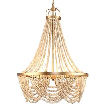 Imagem de MZMHD Lustres Grandes De Madeira Com Contas De 6 Luzes, Lustre Boho De Metal Dourado Estilo Fazenda, Luminária Boêmia Estilo Império Moderno Para Sala De Estar, Sala De Jantar, Quarto, Corredor, Hal