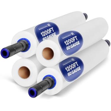 Imagem de Pacote com 4 - INTERNATIONAL PLASTICS CO. Rolo de filme elástico com envoltório elástico, 365 m 500% stretch força industrial 38 cm de largura, envoltório de plástico transparente com alças estendidas para embalagem de paletes