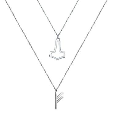 Imagem de 2 peças Mjolnir de martelo de Thor + The Elder Futhark Runes Mjolnir pingente para mulheres viking colar corrente banhado a ouro 18K fé pagã nórdica presentes delicados, Metal, Sem Pedra Preciosa
