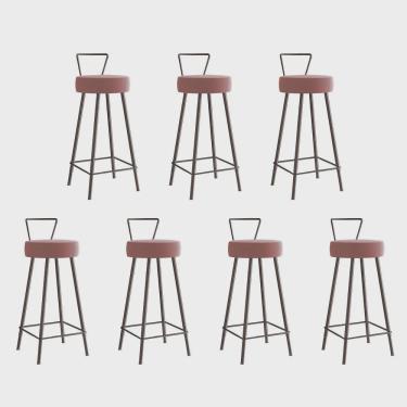 Imagem de Kit 07 Banqueta Alta Com Encosto Tais Eiffel Cozinha Bar Bistrô Ferro Marrom Suede Rosa Gold - Ahz Móveis