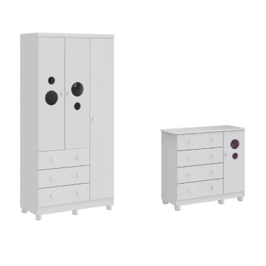 Imagem de Kit Guarda Roupas 3 Portas e Cômoda Moveis Peroba Bolinha mdf Branco