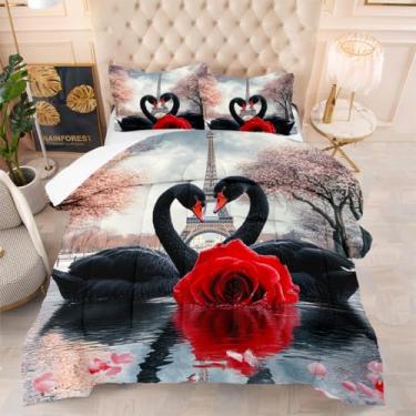 Imagem de CCoutueChen Conjunto de edredom King com cisne negro, romântico e rosa vermelha, estampa de Torre de Paris, leve para meninas – Conjunto de colcha de verão de microfibra fofa de 3 peças com 2 fronhas