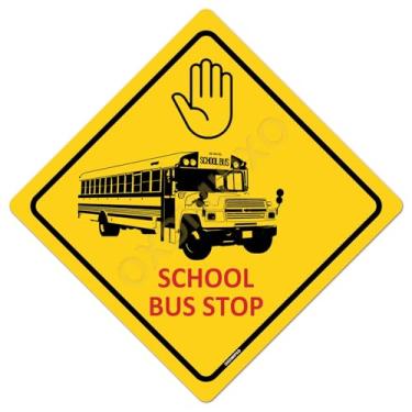 Imagem de School Bus Stop Placa de trânsito de alumínio amarelo rua estrada estacionamento placas de metal decorações garagem exterior decoração de arte de parede 30,5 x 30,5 cm