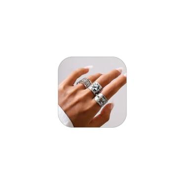 Imagem de HUJUON Conjunto de 3 anéis empilháveis de ouro grosso, prata, pedra natural, punk, vintage, strass, articulação, cristal, midi, abertos, joias para mulheres, Liga de aço, Sem pedra preciosa