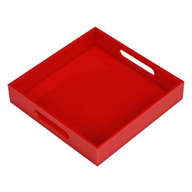Imagem de Bandeja de servir de acrílico vermelho resistente com alças - 30 x 30 cm - Bandeja de café e aperitivo - Balcão de cozinha e organizador de vaidade
