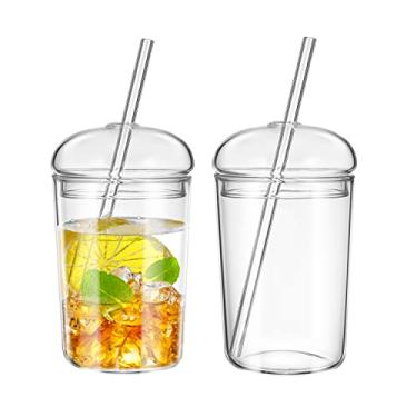 Imagem de UPKOCH Pacote com 2 xícaras de café de vidro com tampas e canudos, copo estético de 473 ml, copos transparentes para smoothie, copo redondo para chá gelado
